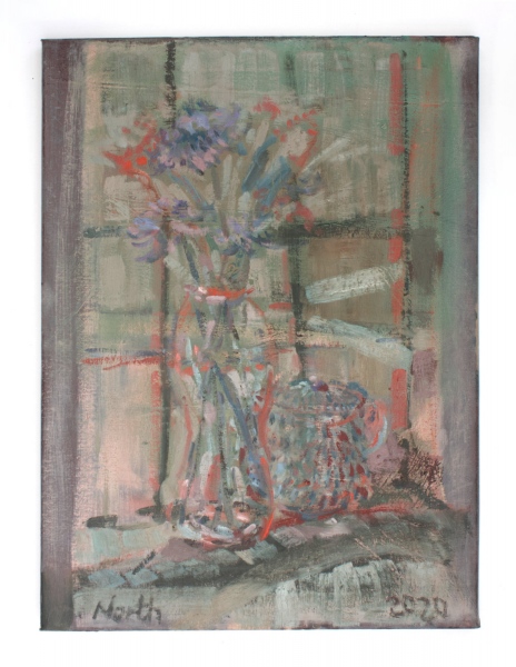 Flowers with Basket 2020, acrylic and oil on canvas, 45 x 60cm